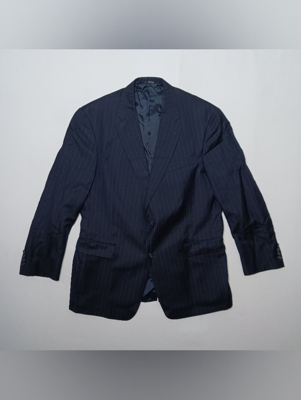 Hart Schaffner Marx Gold Trumpeter Wool Suit Jacket 44R Navy Light Blue Stripes